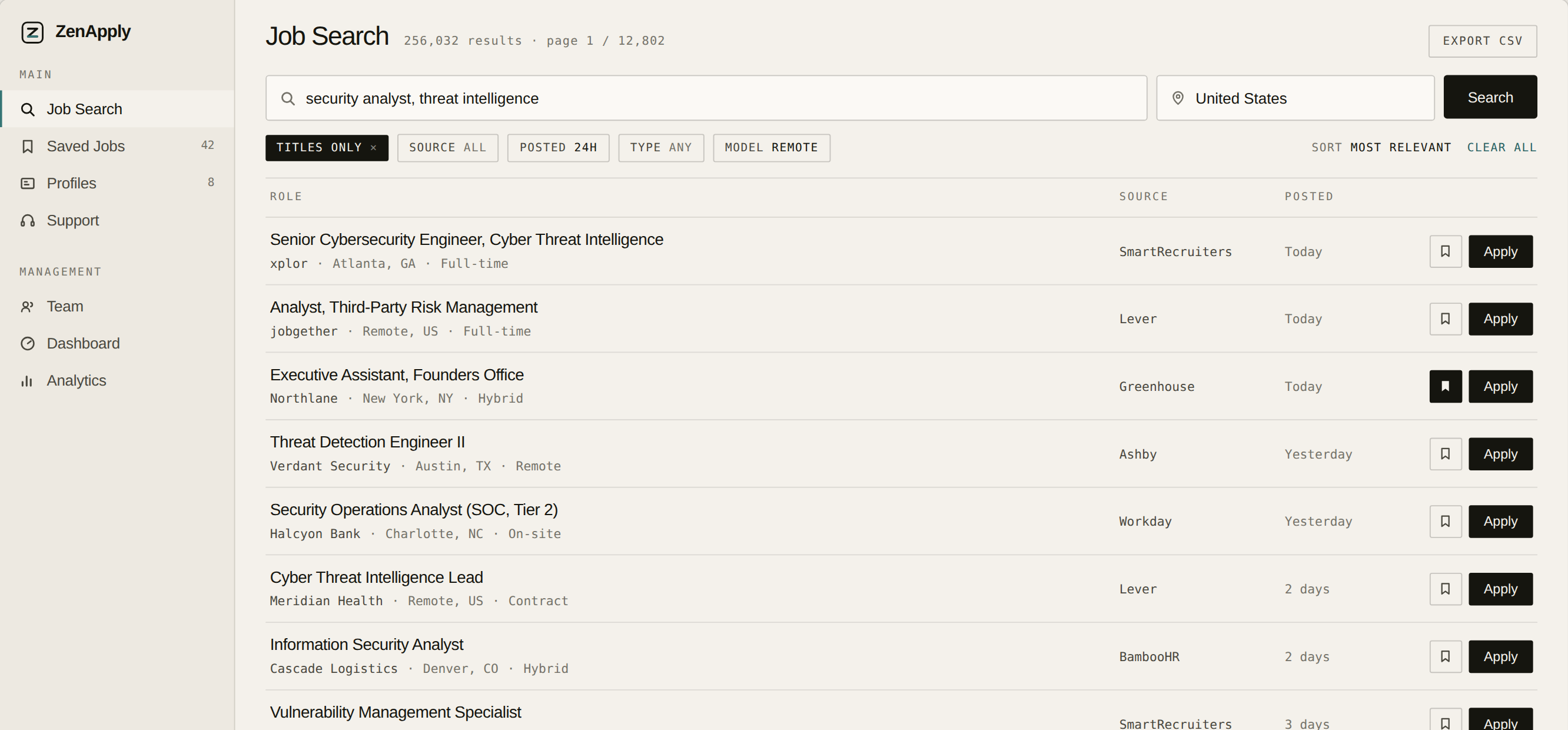 ZenApply Job Search dashboard listing security roles from SmartRecruiters, Lever, Greenhouse and Ashby